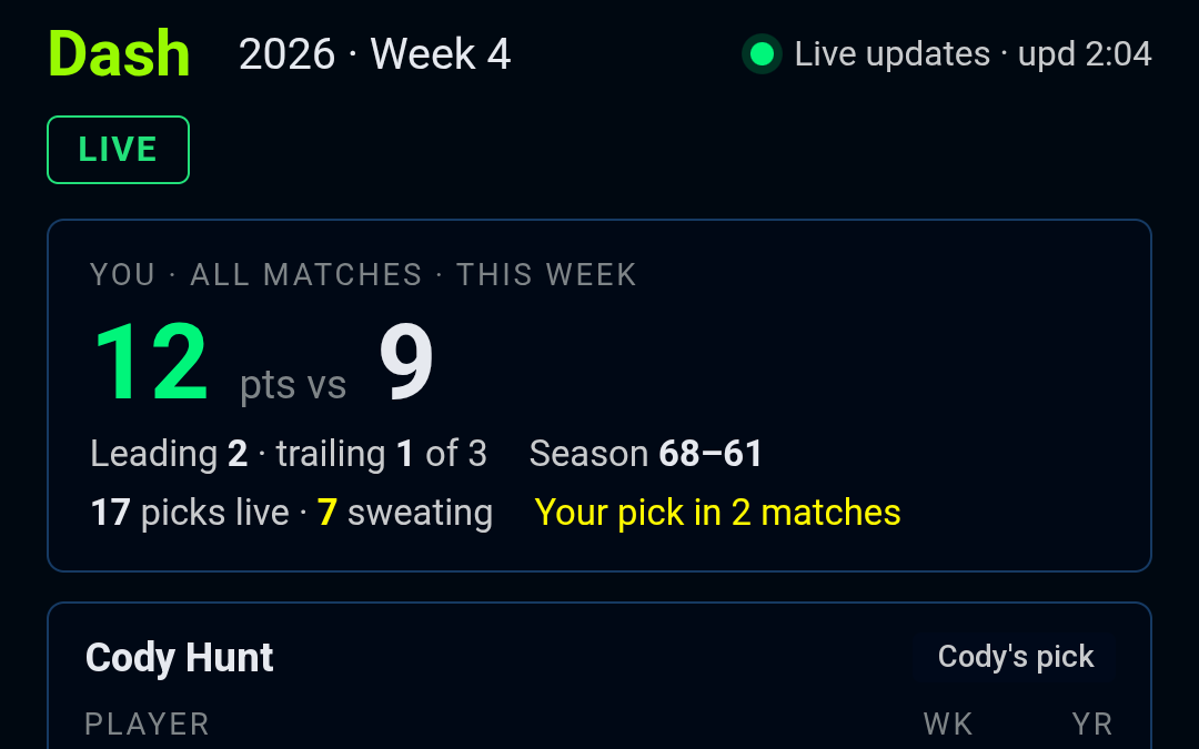 The Dash: this week's points across all your matches, live, and a card for each friend's match